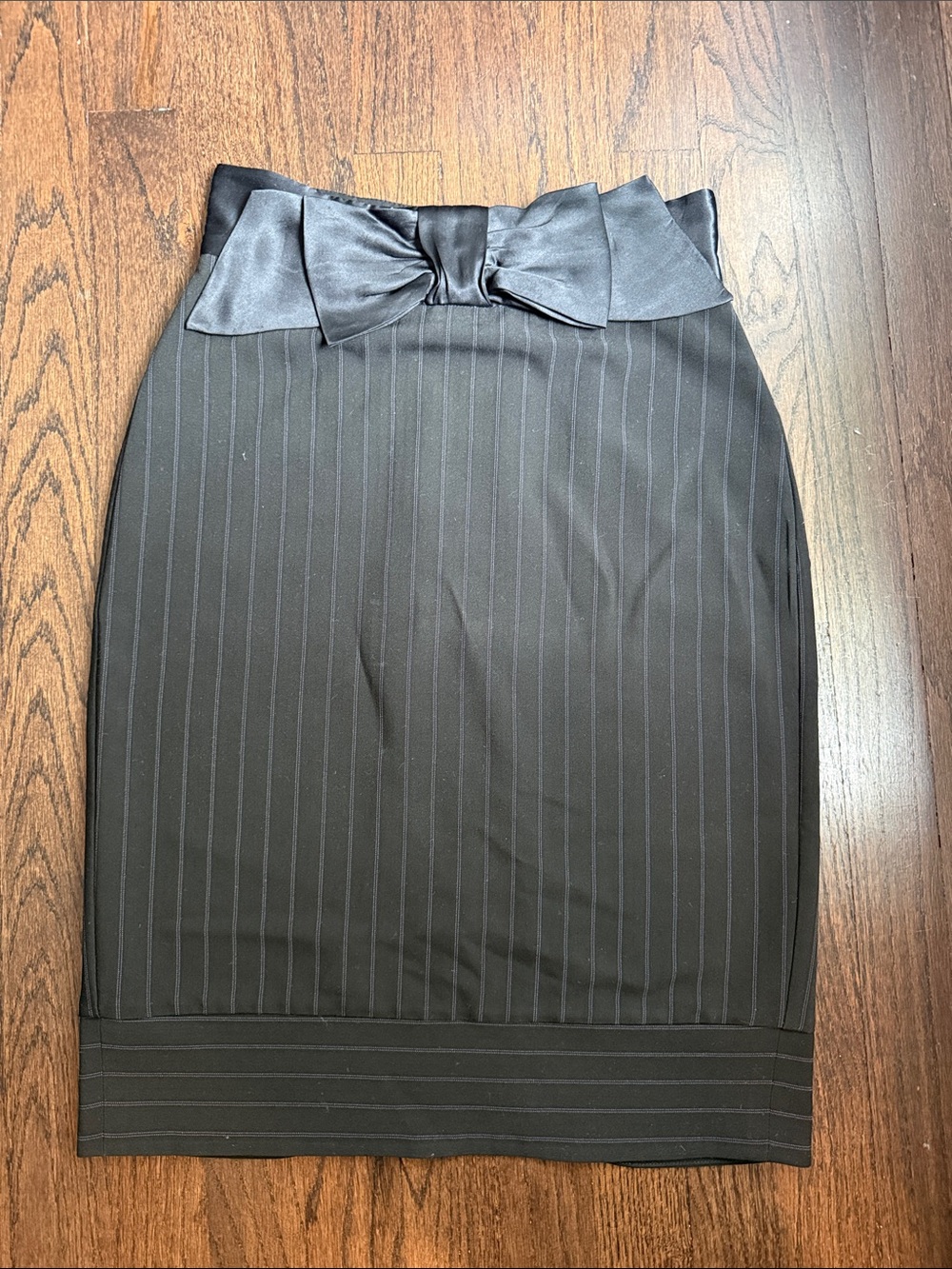bebe Black Pinstripe Pencil Skirt with Satin Waist Bow